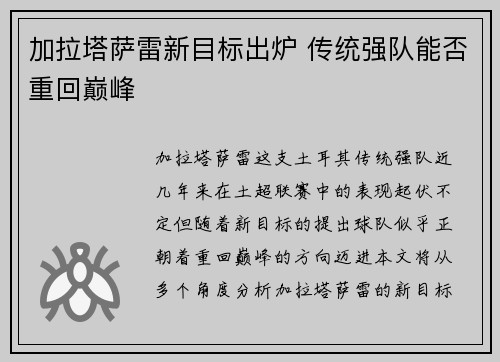 加拉塔萨雷新目标出炉 传统强队能否重回巅峰