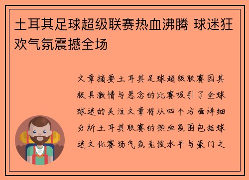 土耳其足球超级联赛热血沸腾 球迷狂欢气氛震撼全场